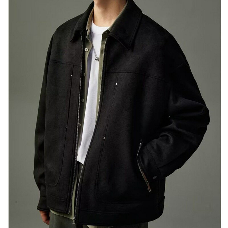 メンズ ジャケット スエード 春秋 長袖 アウター 韓国ファッション ハンサム カッコイイ 無地 ジップポケット マルチポケット ジップアップ ブルゾン トップス ゆったり おしゃれ 通学 バンケット プレゼント 3