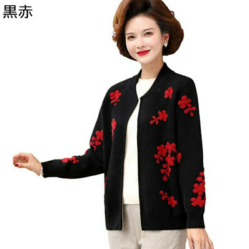 花柄 ニットジャケット ジップアップ セーター レディース 高齢者 女性 ニットアウター ショット丈 弾力 ニットコート ニットカーディガン 前あき 厚手 年寄...