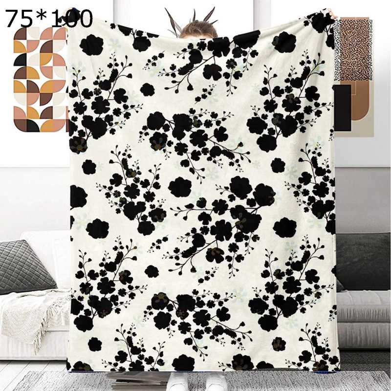 ハーフケット 梅の花 毛布 3Dプリント毛布 ひざ掛け 黒白 花柄 掛け毛布 マルチカバー 大判 一年中使え..