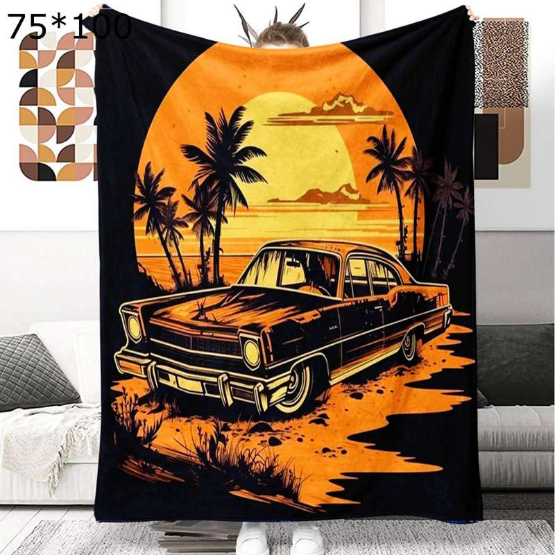 膝掛け 毛布 カーズ プリント 砂浜柄 クルマ ブランケット 掛け毛布 カジュアル毛布 ソファ毛布 ハーフケット 温かい毛布 吸湿発熱 蓄熱毛布 マイクロファイバー もうふ 軽量 オシャレ エアコン対策 旅行