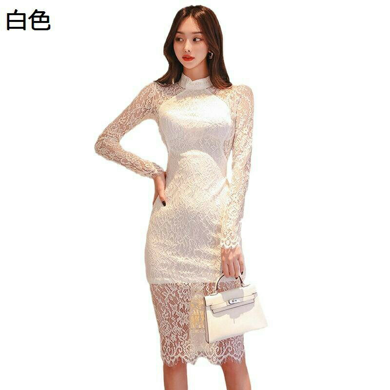 タイトワンピース 総レース キャバドレス シースルー 長袖 ミニドレス ハイネック ひざ下 フェミニン きれい セクシー レディース ボディコン ハイウエスト スリム パーティー 結婚式 発表会 春