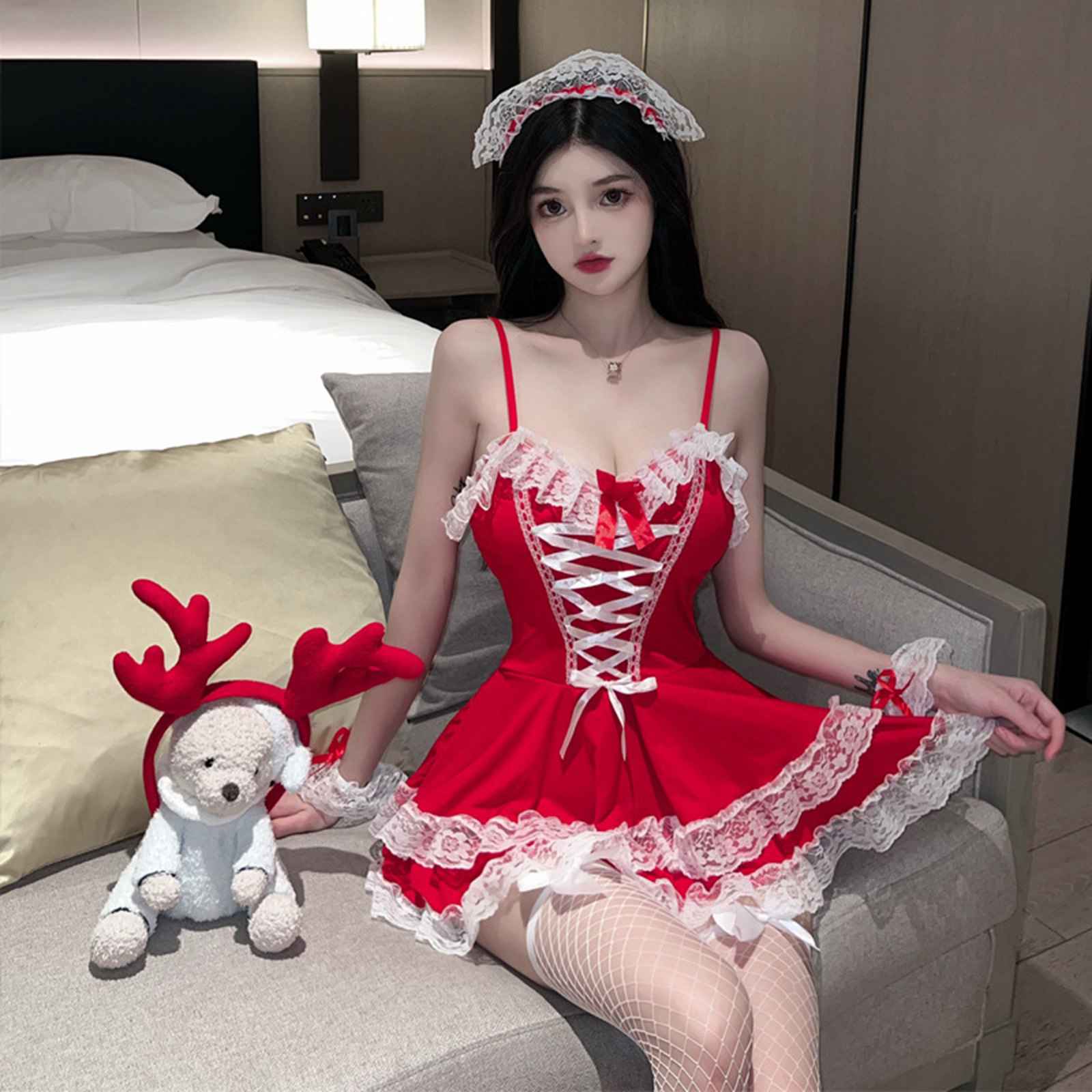 タイトドレス ミニワンピース 膝丈 カシュクール メイドドレス コスプレ ダブルフリル クリスマス 袖なし aライン クラブドレス レディース 春夏 デコルテ ハイウエスト デート 二次会 可愛い