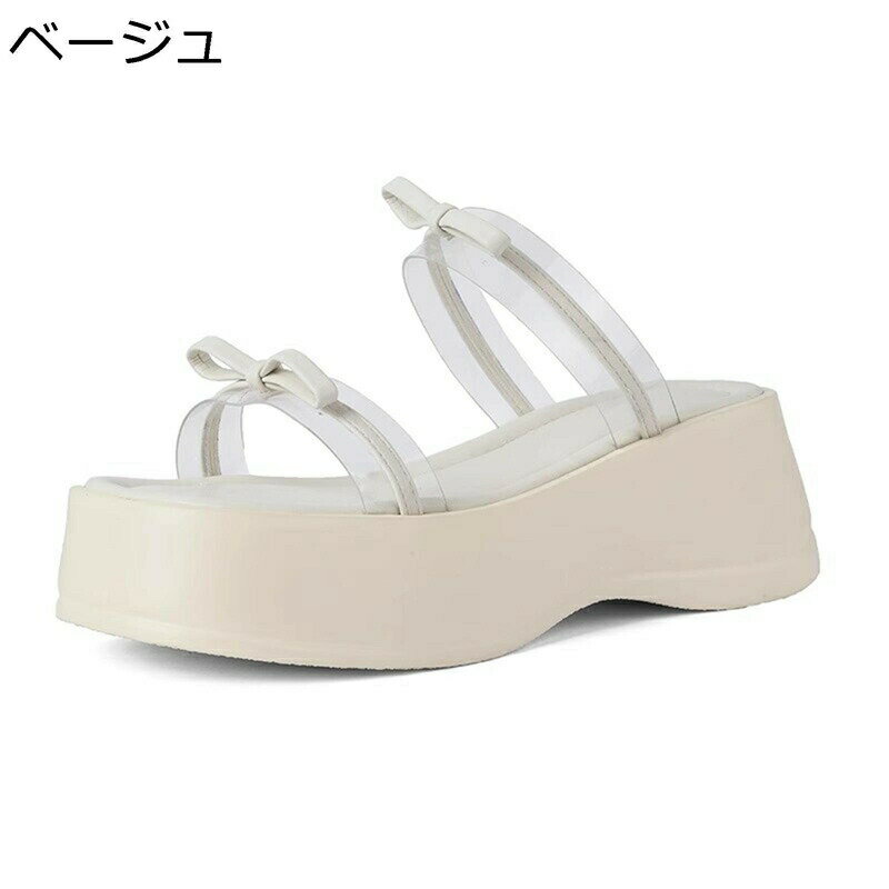 ミュール ビーサン サボ ウェッジサンダル クリア 透明 プラットフォーム レディース 前開き リボン 7c..