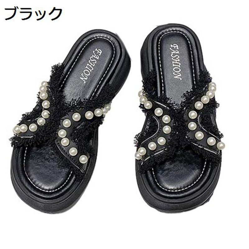 ビーサン 厚底サンダル かかと無し レディース プラットフォーム 5cm身長アップ パール ビーチサンダル ミュール 前開き かわいい カジュアル ファッション クッション 柔らか 通気性 細見え