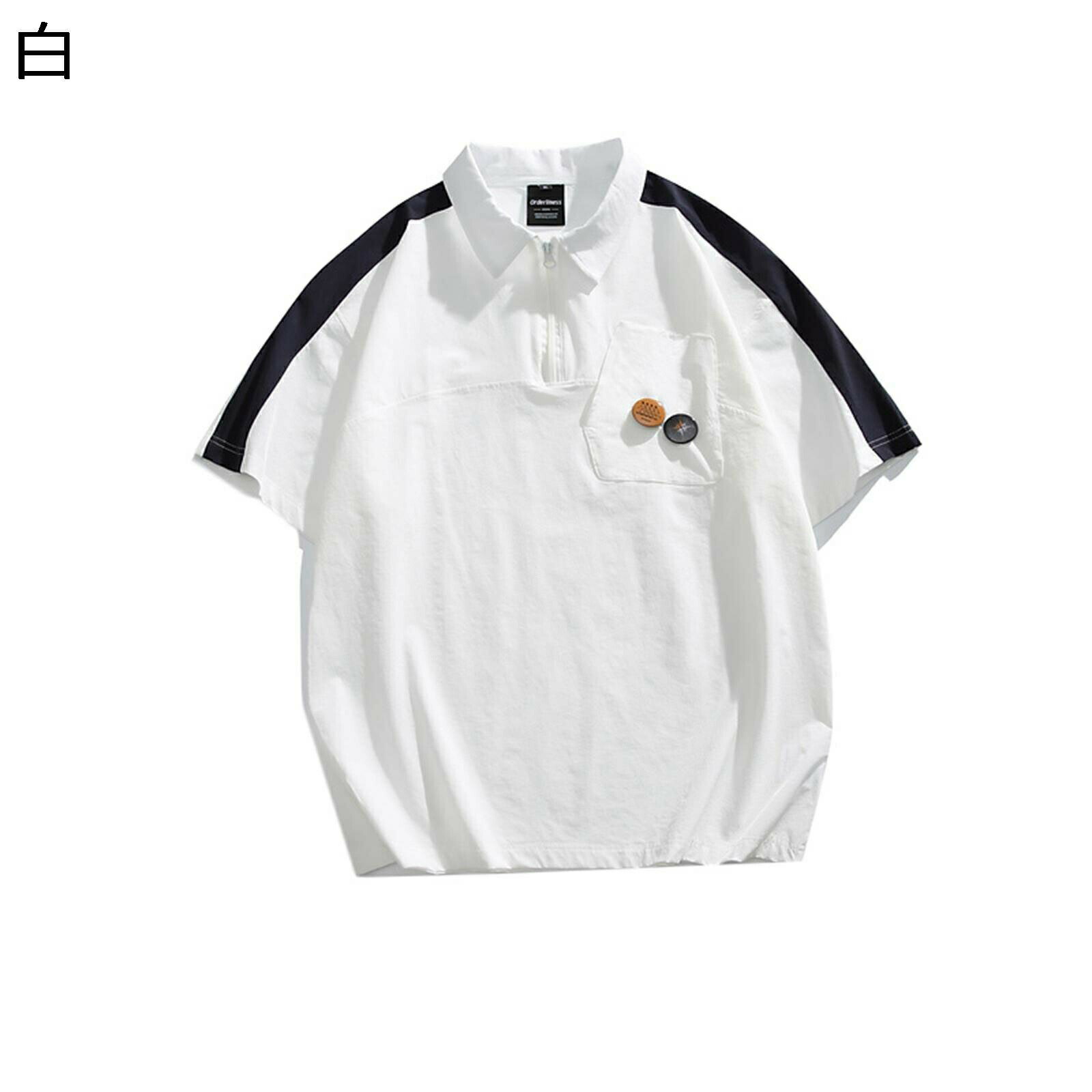 メンズポロシャツ tシャツ メンズ ハーフジッパー 半袖ポロシャツ パッチワーク 胸ポケット 大きいサイズ ファスナー付 夏服 ファッション カジュアル テニスウェア個性的 お洒落 上着 ボーイズ高校生 ジュニア