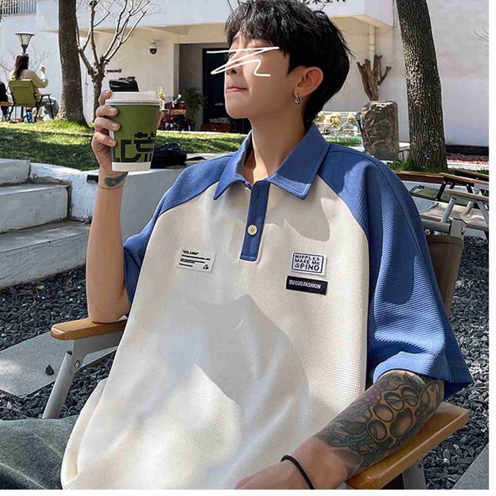 半袖ポロシャツ 襟付き メンズ 切り替え 五分袖 ボタンダウン 大きいサイズ テニスシャツ 春夏服 レトロ 韓国ファッション 軽量 薄手 吸汗速乾 涼しい tシャツ カジュアル トップス 通勤通学 お出かけ ウェア