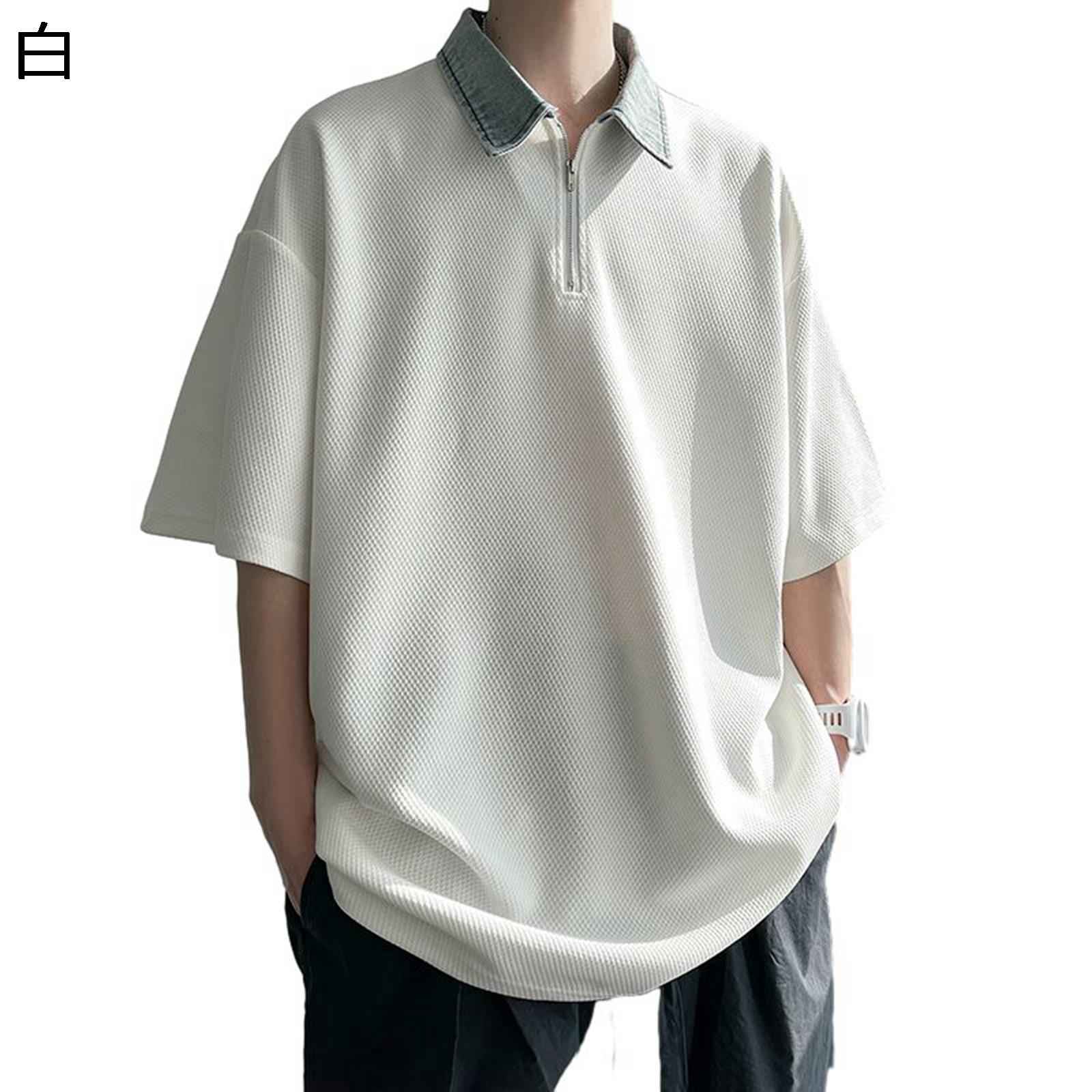 メンズ ポロシャツ 半袖 夏 tシャツ ハーフジップ 折り襟 デニム 大きいサイズ トレーニングウェア テ..