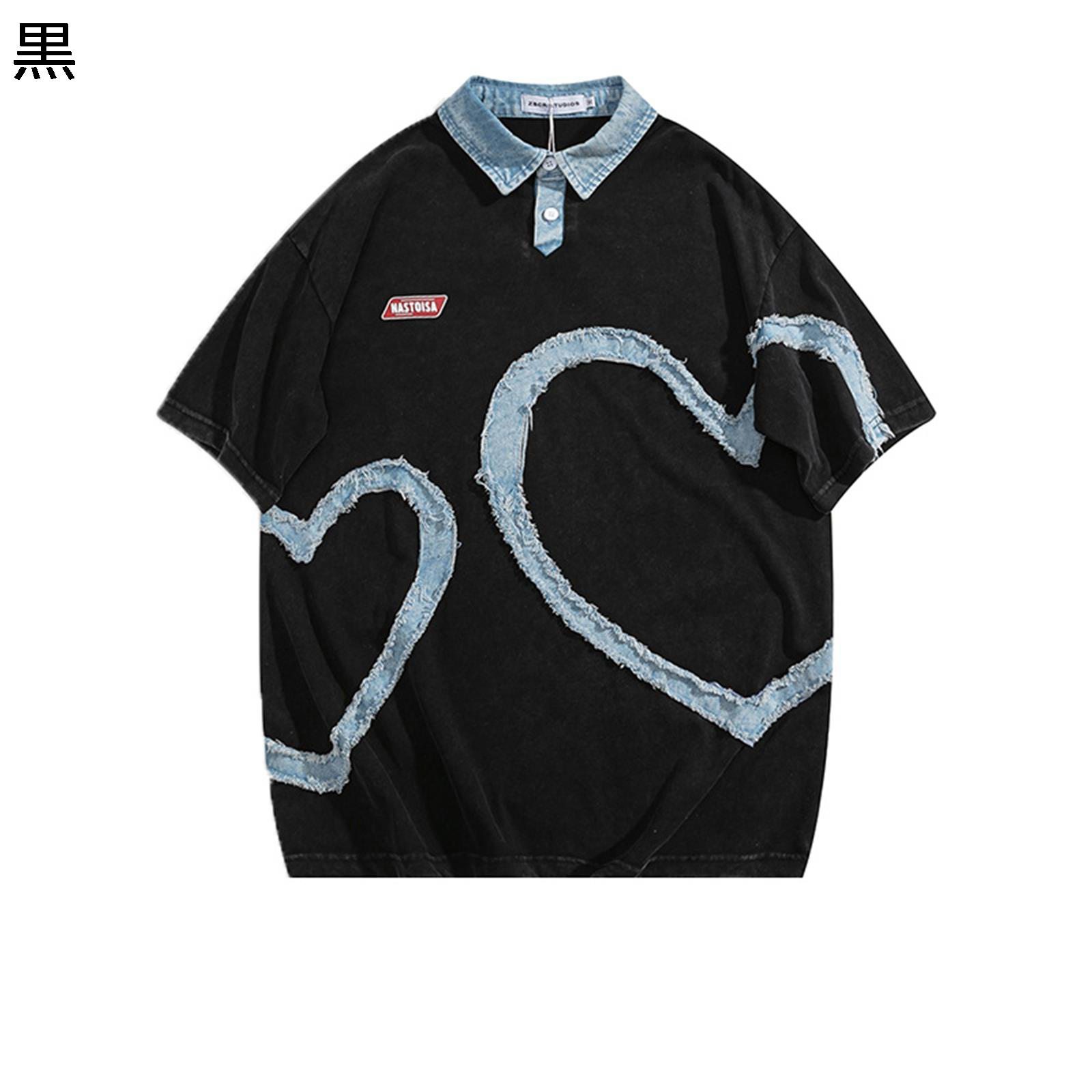 メンズポロシャツ ハート tシャツ メンズ レディース 半袖ポロシャツ デニム アップリケ 春夏 ビッグT ..