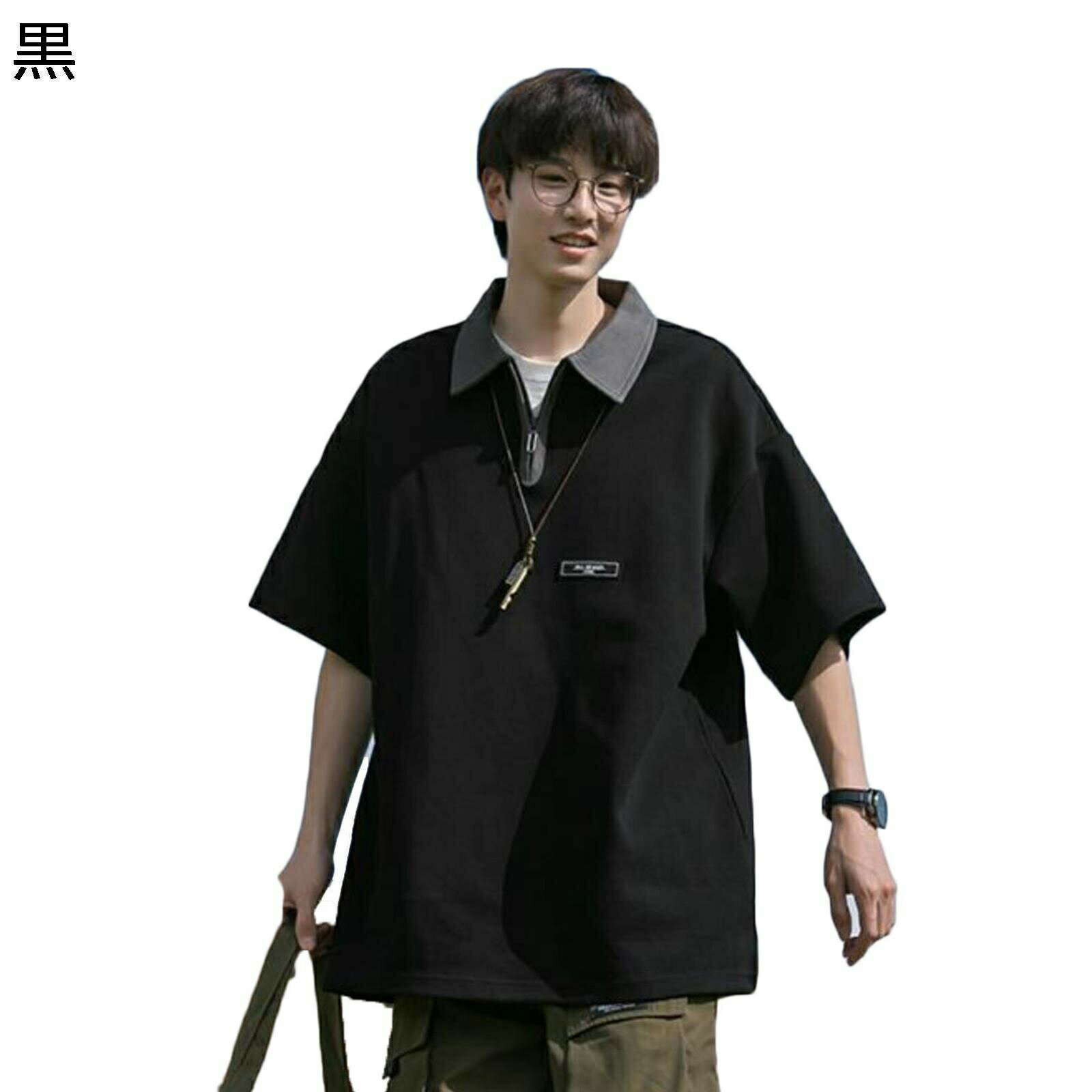 メンズポロシャツ tシャツ パッチワーク メンズ ハーフジッパー 半袖ポロシャツ 大きいサイズ ファスナー付 オールシーズン ファッション 韓国ファッション 原宿系 パーカー 若者 高校生 男性