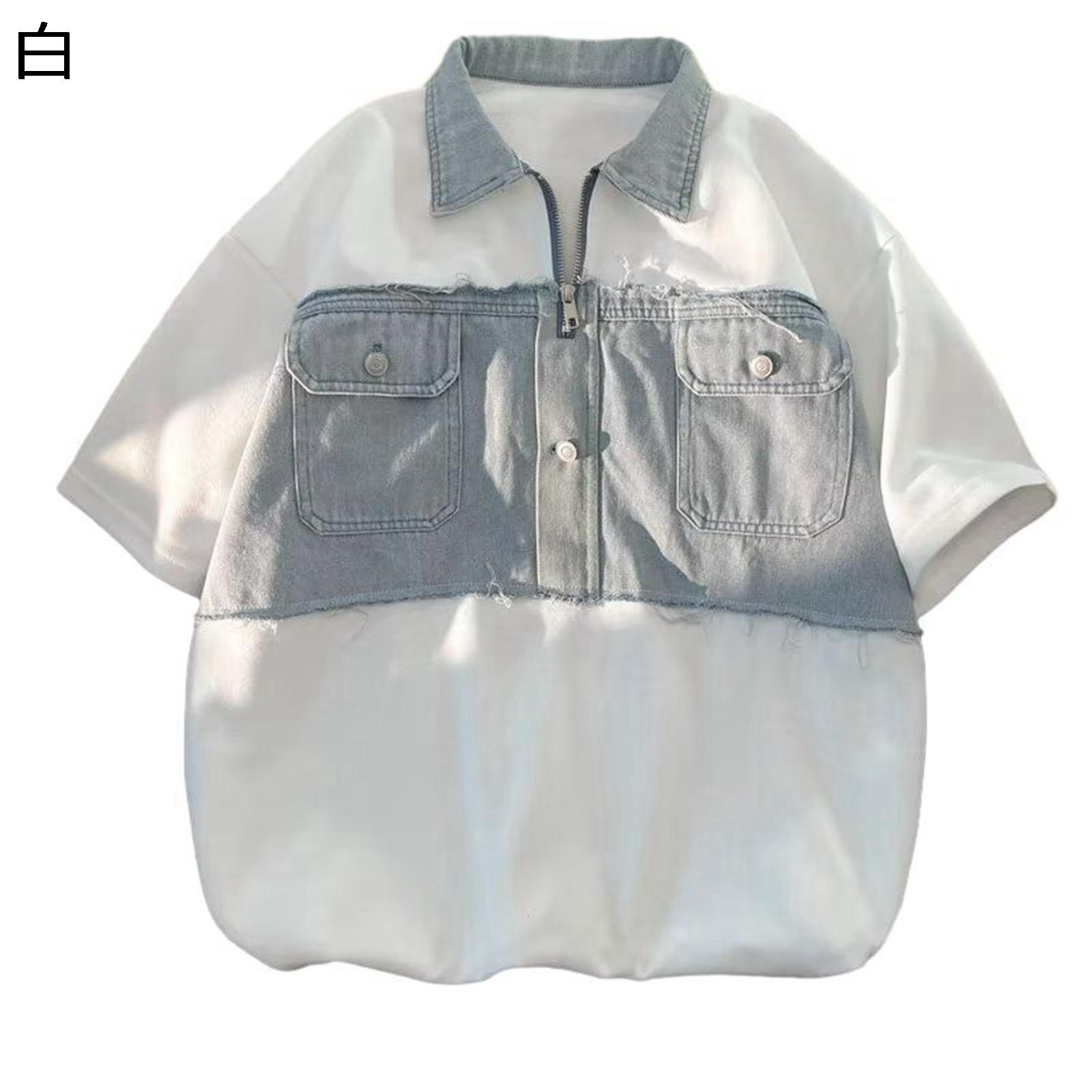 メンズ ポロシャツ デニム パッチワーク 半袖 夏 Tシャツ デニムシャツ ハーフジップ 重ね着風 襟付き ジージャン Gジャン ジップアップ メンズファッション 透気性 男性 卓球 ギフト ボーリング
