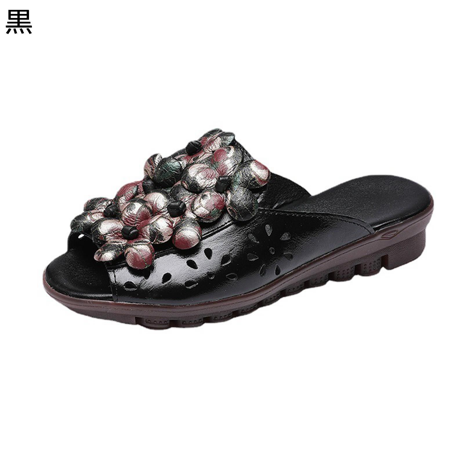 ミュールサンダル レザー 本革 レディース オープントウ 花飾り 花 透かし彫り スリッパ サボ ウェッジ..