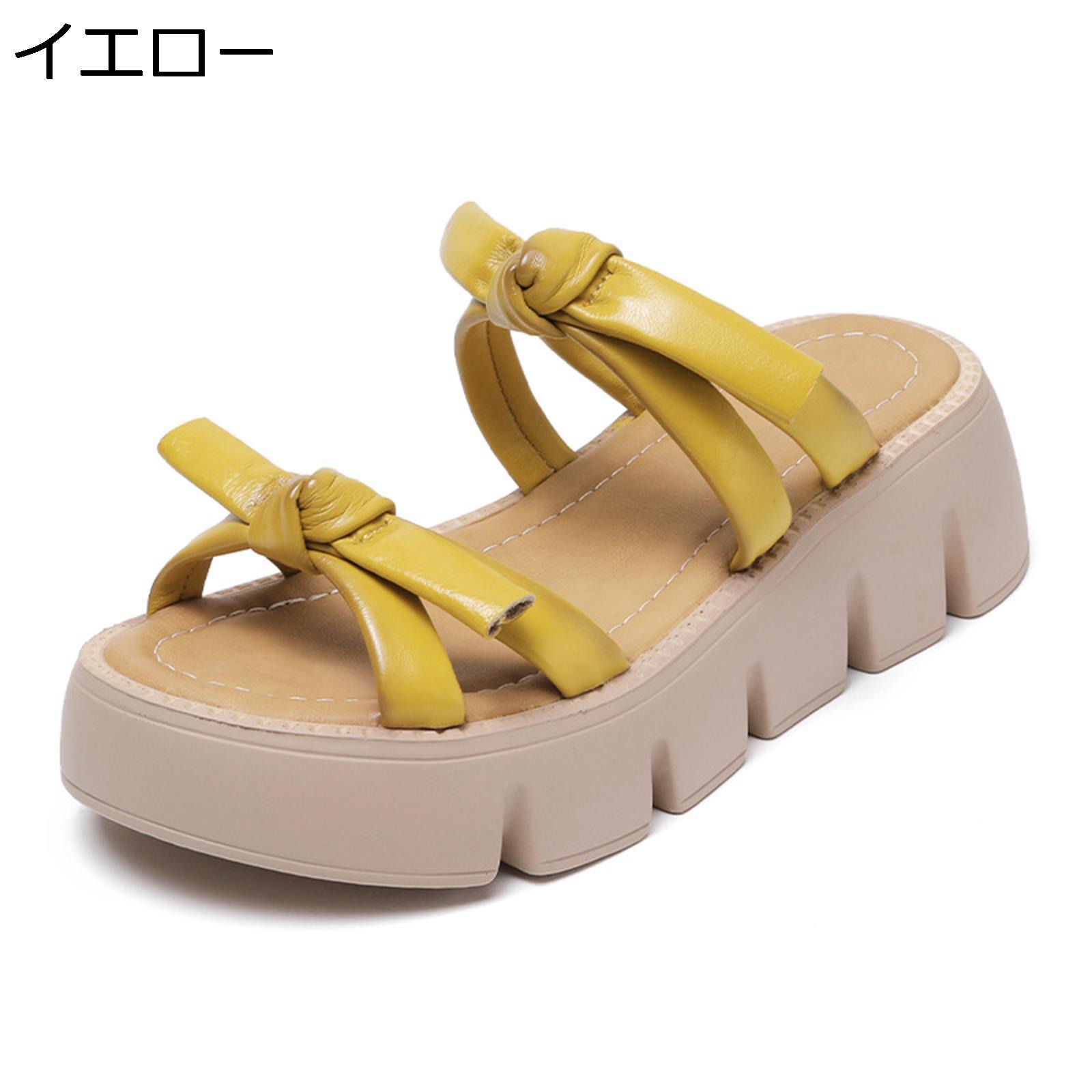 ウェッジミュール レザー 本革 蝶結び リボン レディース サンダル スリッパ サボ ウェッジソール 厚底 身長アップ 細身 可愛い ファッション 森ガール 姫系 シンプル 普段履き フェミニン 夏