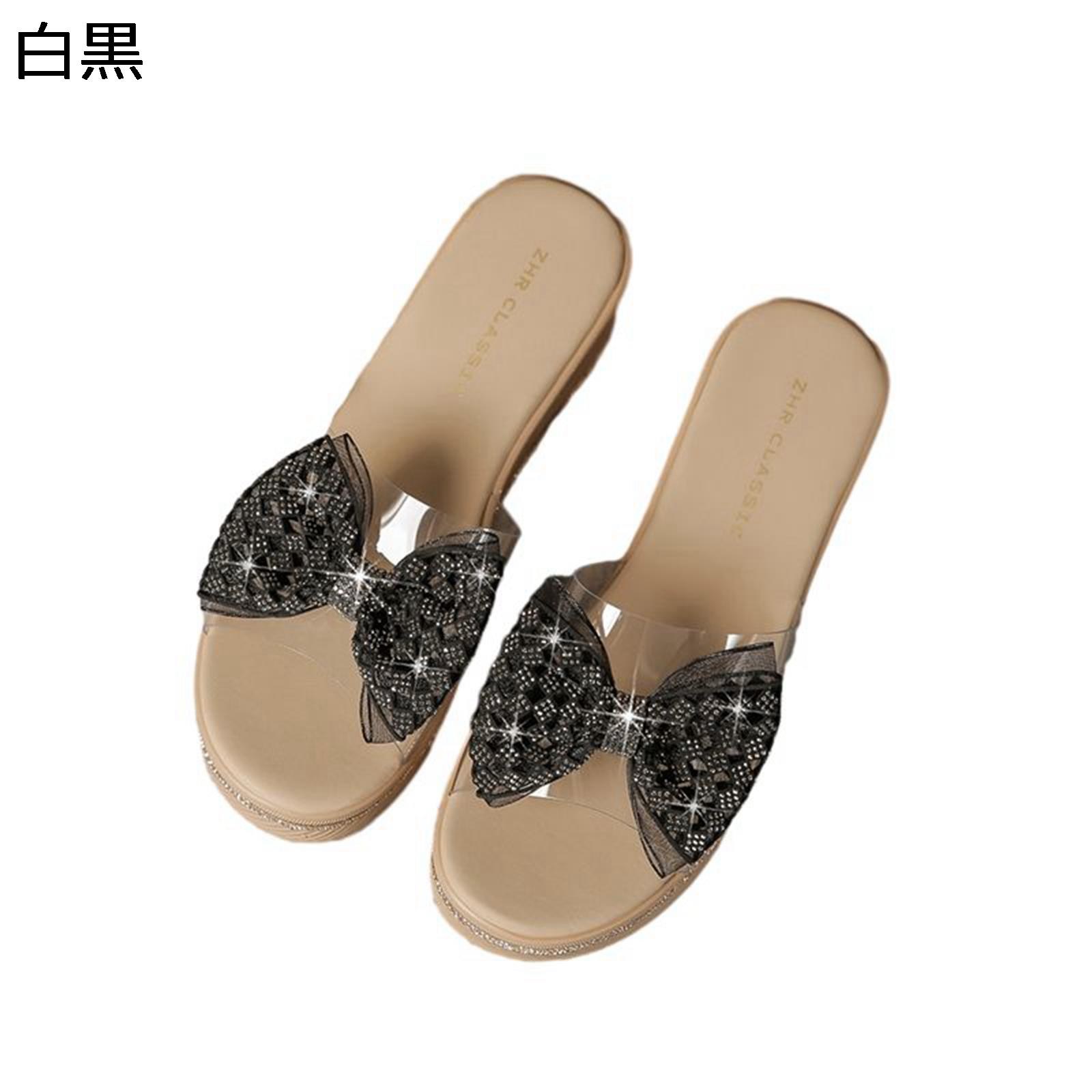 ウェッジミュール サンダル 透明 クリア 蝶結び リボン レディース ラインストーン付き スリッパ サボ 外履き 6.5cm ハイヒール ウェッジソール 身長アップ シンプル 美脚 かわいい 夏用