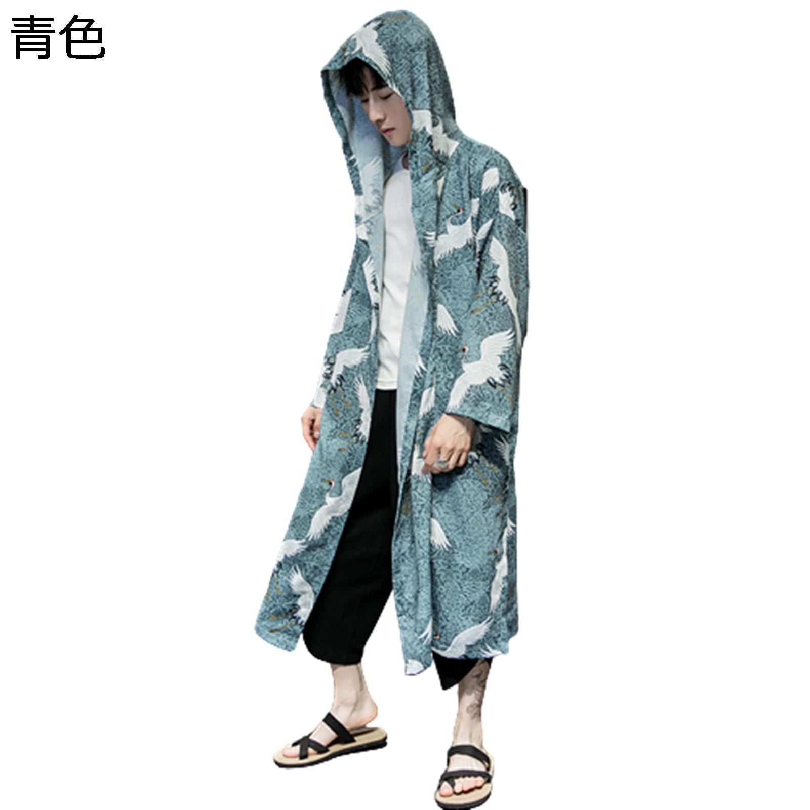 漢服 メンズ 唐装 チャイナシャツ 長袖 鶴柄 プリント ストリート フード付き ジャケット シャツ チャイナ風 ロング丈 ゆったり おしゃれ カジュアル 軽い 薄い 普段着 旅行 お出掛け