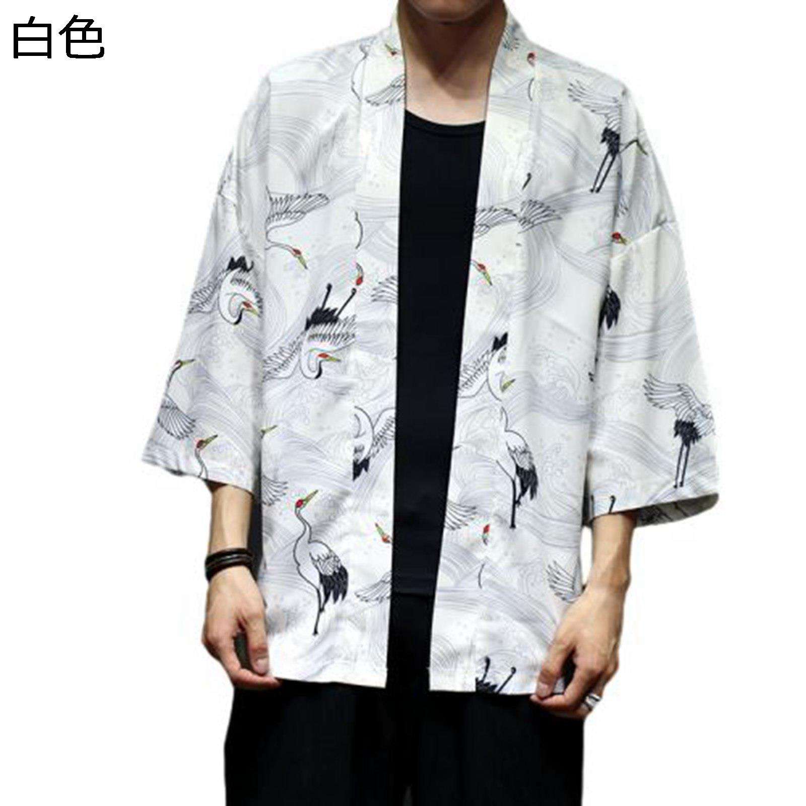 七分袖シャツ カーディガンシャツ メンズ カジュアル 羽織 甚平 uvカット 和風シャツ 鶴柄 クレーン刺繍 夏 カップル 軽量 ゆったり 薄手 通気 花火大会 ビーチ 夏祭り