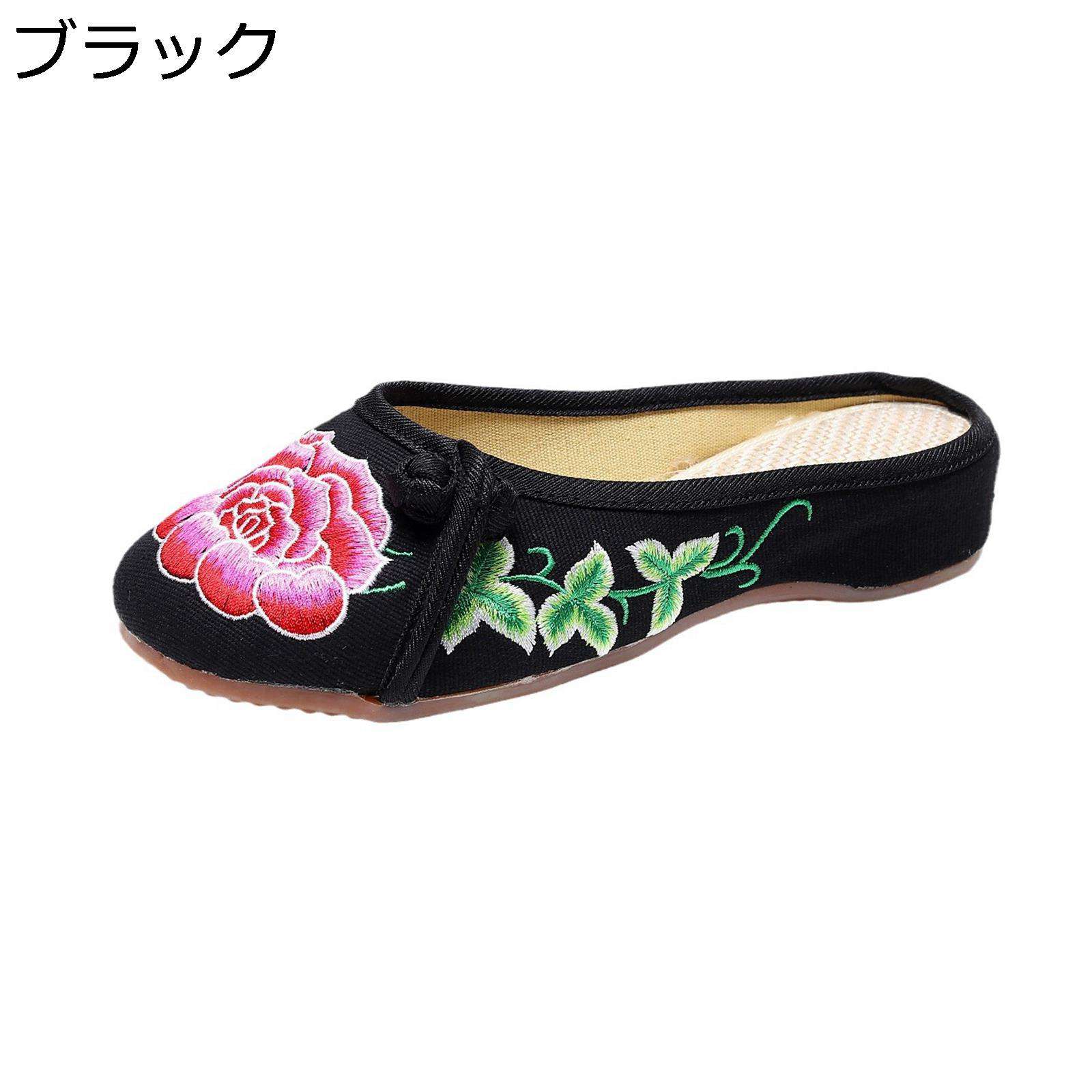 ミュール サボミュール レディース 布サンダル リネンスリッパ 花柄刺繍 牡丹刺繍 レトロ 夏用 ラウンドトゥ 厚底 カジュアル 歩きやすい かかとなし 通気性 滑り止め 婦人靴