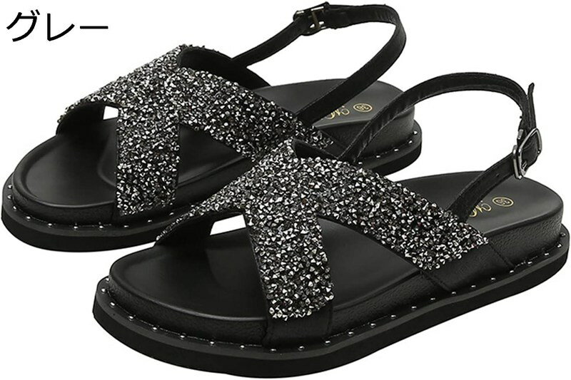 ビーチサンダル フラット フック スパンコール 3cmヒール オープントゥ ブラック カジュアル クッショ..