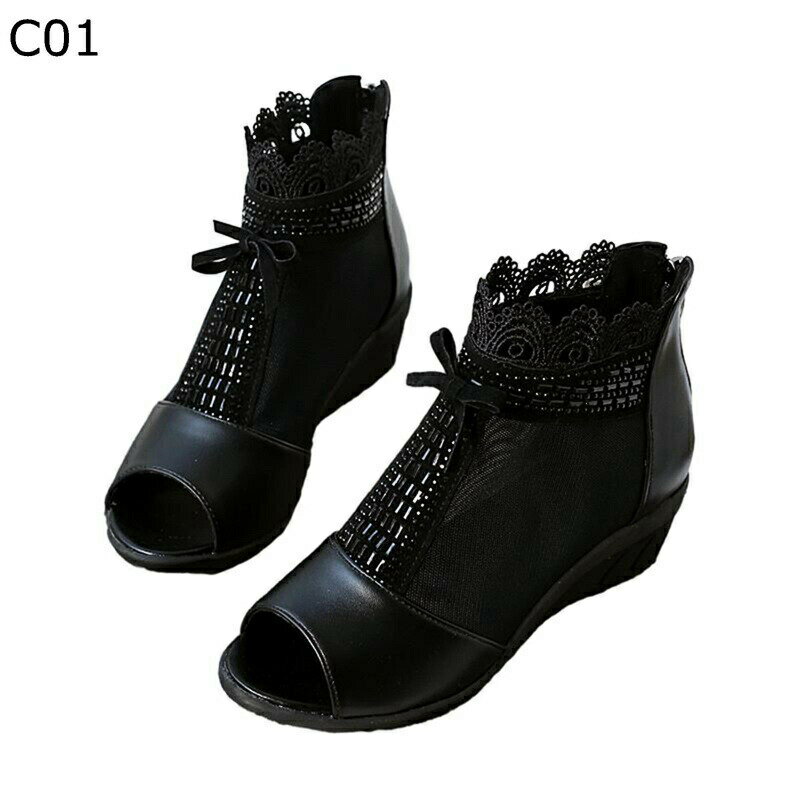 ブーツサンダル レディース メッシュ レース ウェッジソール オープントゥ リポン バックジップ サンダルブーツ ショートブーツ 4cmヒールサマーブーツ 大きいサイズ 可愛い お出かけ 普段