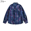 シャツ シャツジャケット メンズ チェックシャツ ダメージ加工 胸ポケット付き 上着 ショートアメカジ 短め 長袖 折り襟 ヴィンテージ 春服 夏服 秋服 耐洗...