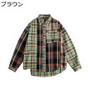 シャツ ジャケット メンズ チェックシャツ 胸ポケット付き 切り替え パッチワーク アメカジ コンビ 長袖 折り襟 アウター ゆったり 両側ポケット 柔らかい ...