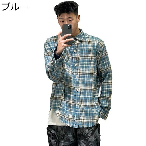 チェックシャツ シャツジャケット 格子 シャツ メンズ ダメージ加工 アメカジ 長袖 折り襟 春服 夏服 秋服 カッコイイ ヴィンテージ やわらか 男性 日常 アウトドア お出かけ オシャレ