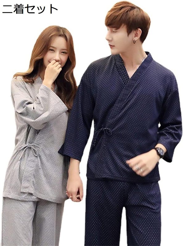 ペアパジャマ 和風 部屋着 夏 長袖 ロングパンツ 上下セット 通気 吸湿 肌触り 快適 寝巻き お風呂 浴衣 甚平 ホテル 旅行 温泉 旅館 和式 ナイトウェア ワイド レディース メンズ セットアップ 水玉模様