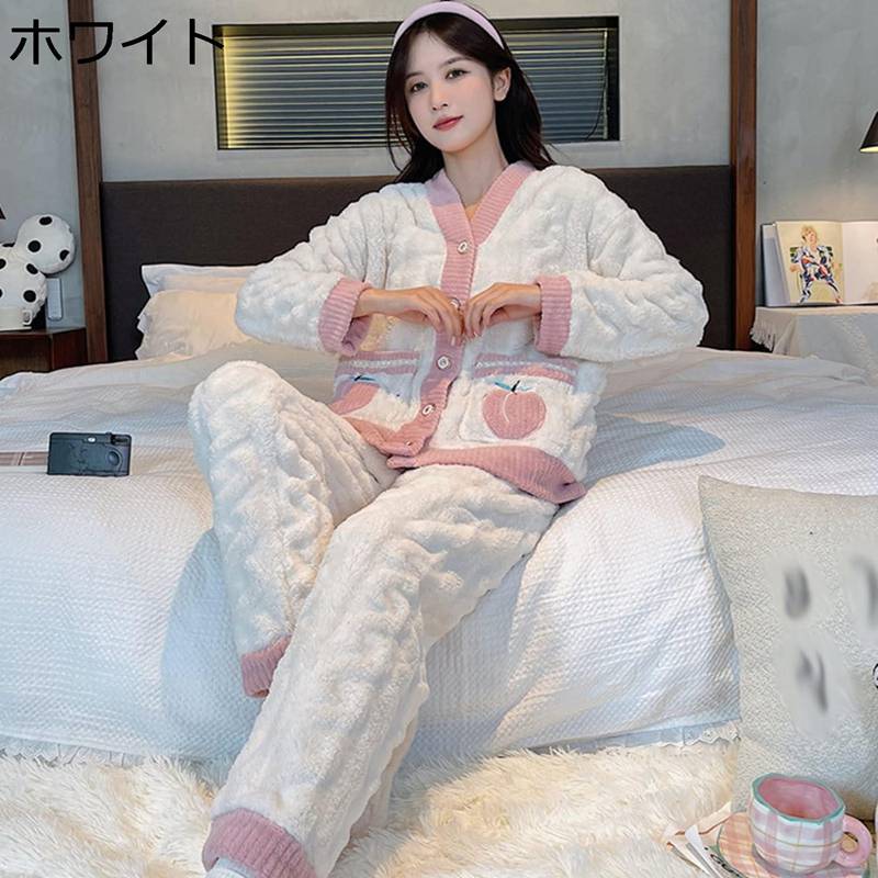 パジャマ レディース フランネル 冬 桃柄 可愛い ルームウェア 部屋着 寝巻き 長袖 Vネック カーディガン 上下セット ロングパンツ 厚手 保温 あったか モコモコ 肌に優しい ふんわり おしゃれ