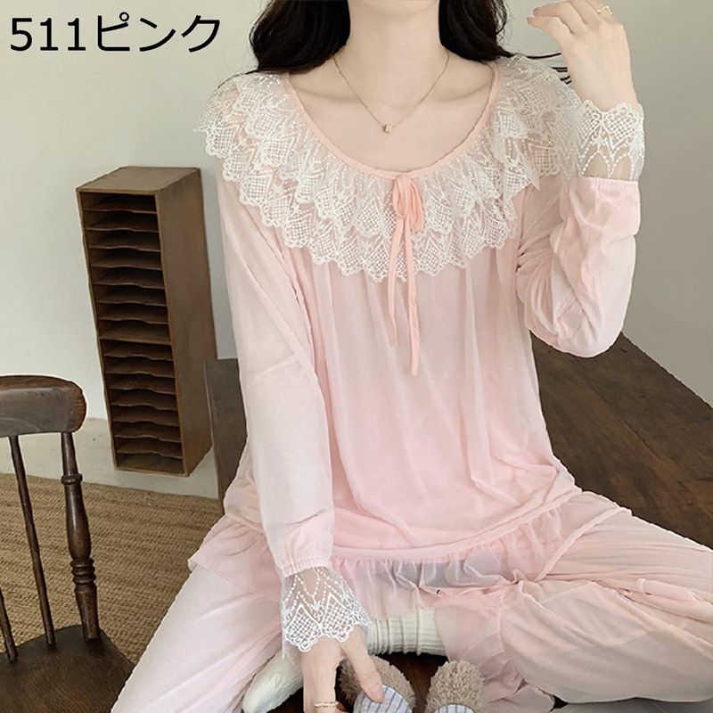 パジャマ レディース ネグリジェ レース フリル 姫系 寝巻き ルームワンピース 長袖 上下セット かわいい ゆったり チュール ワンピースパジャマ 姫系 プルオーバープル 通気 えりフリル ワンピース 春 夏