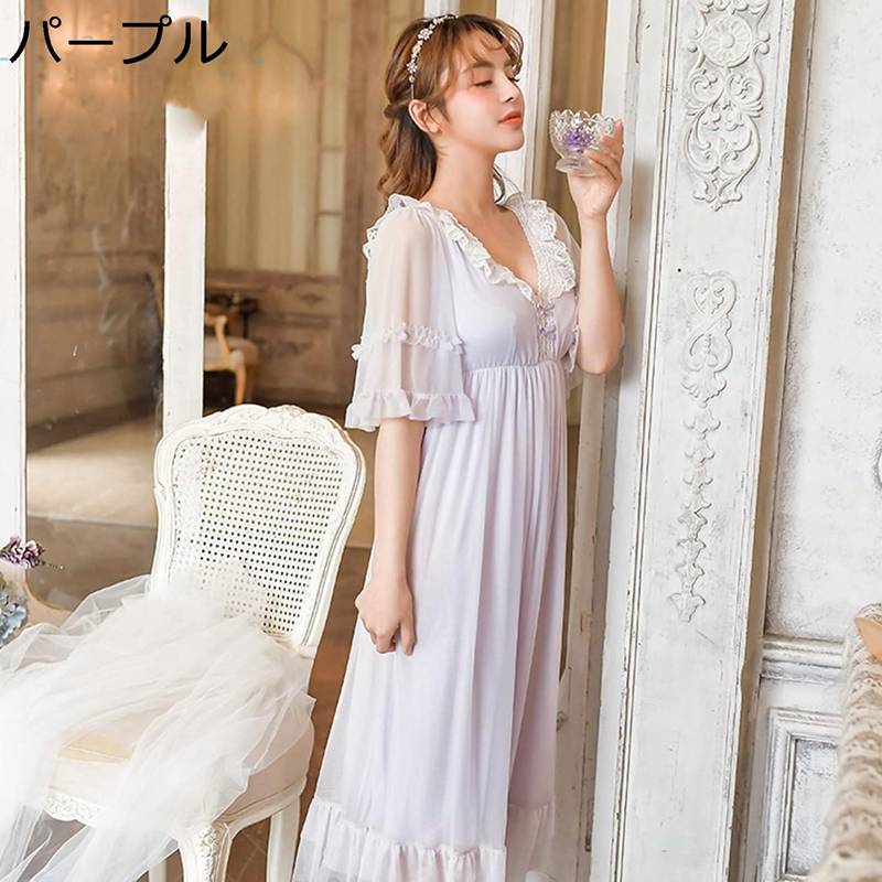 楽天kcreateルームワンピース プリンセス ネグリジェ 胸パッド付き パジャマ レディース 夏 半袖 姫系 チュール モダール レース ルームウェア 家着 セクシー ロング丈 通気性 肌触り 快適 伸縮性 ゆったり Vネック 可愛い ガーリー