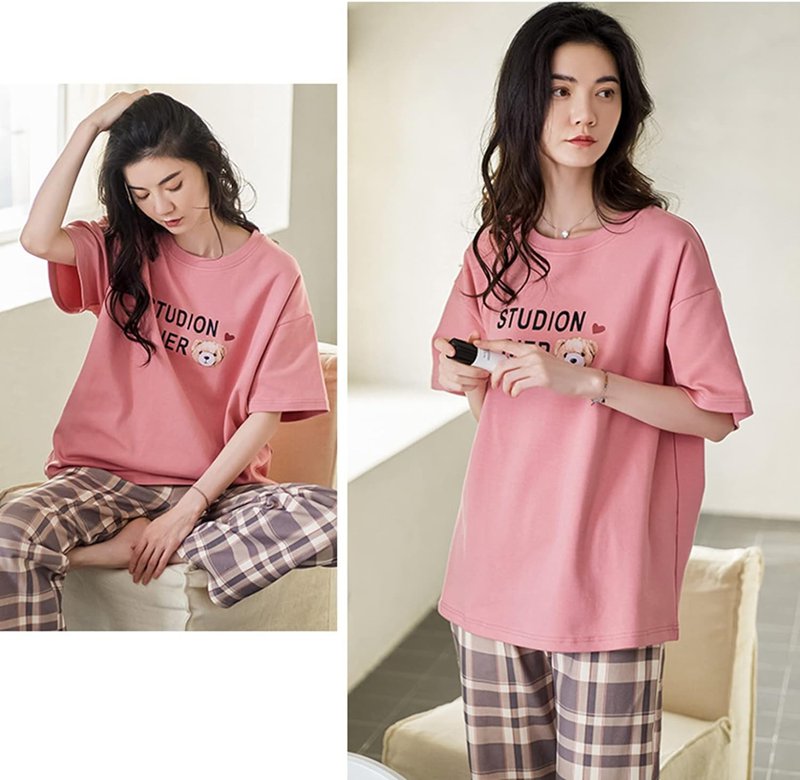 綿100 パジャマ レディース 半袖 春夏 ルームウェア 部屋着 寝巻き 丸首スウェット 上下セット ボトムス 薄手 綿100 通気 吸湿 柔らかい 優しい ゆったり 可愛い 女性用 カジュアル