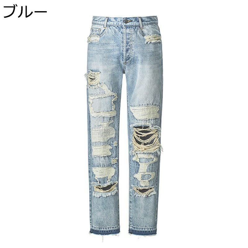 デニムパンツ ダメージ加工 メンズジーンズ ストレートパンツ 着痩せ デニムパンツ ジーパン ストリート おしゃれ 普段着 日常 旅行 カジュアルパンツ 春秋 ヴィンテージ