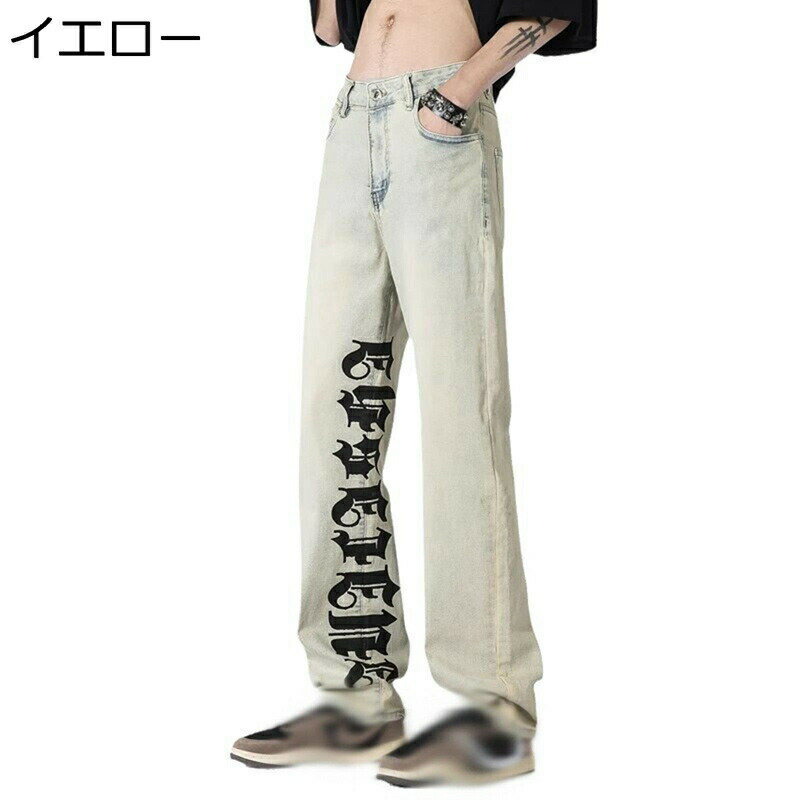 デニムパンツ ジーンズ メンズ ゆったり 英文字プリント アメカジ ストリート ウォッシュ加工 ストレートパンツ Gパン 長ズボン ライダース トラベル 作業服 カジュアル おしゃれ バイカージーンズ
