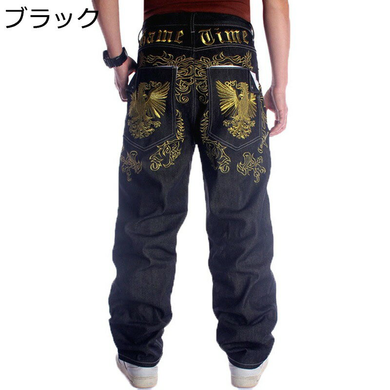 メンズジーンズ ゆったり ルーズシルエット デニムパンツ ワイド ジーパン 刺繍 大きいサイズ ライダー..