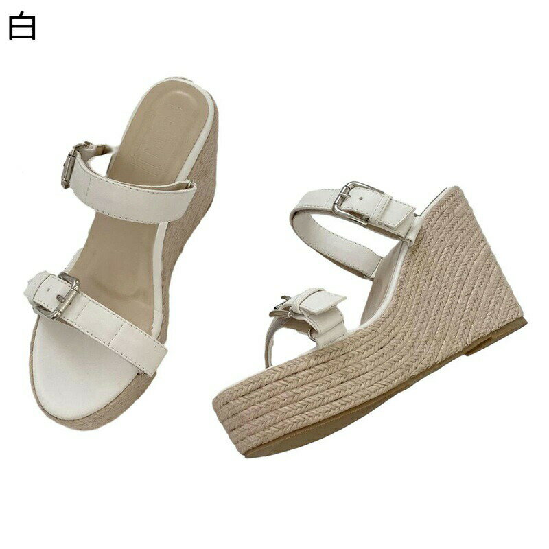 ウェッジソールサンダル レディース ミュール 夏靴 ファッション ジュート ダブルストライプ 10cmヒール 厚底 トレンド 美脚 アーモンドトゥ フェミニン 防滑 お見合い 飲み会 歩きやすい