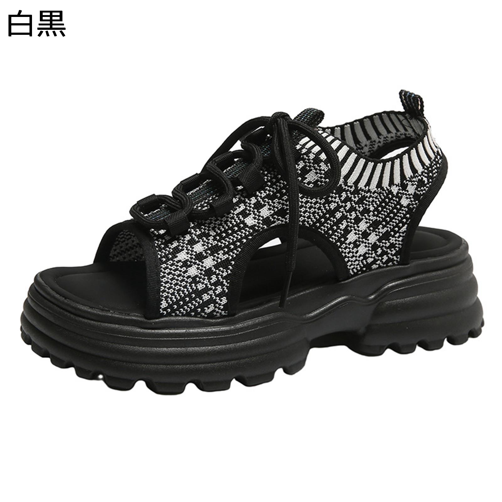 スニーカーサンダル 厚底 レディース レースアップ ニット スポーツサンダル オープントゥ クッション 春夏秋 通気性 滑り止め 衝撃吸収 着脱簡単 脱がない アウトドア レジャー用 5cmヒール