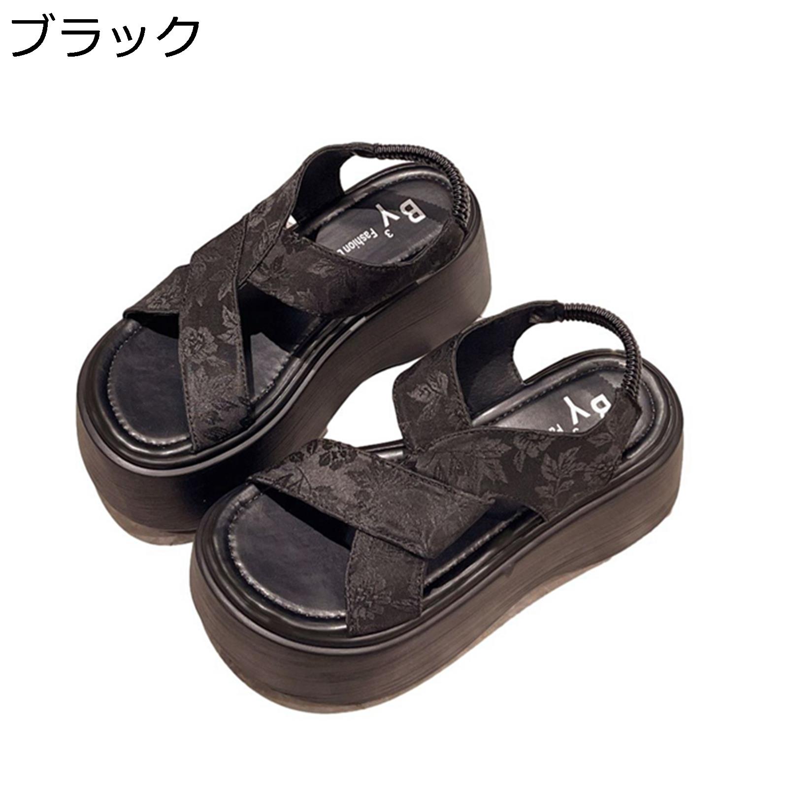 厚底 サンダル サンダル レディース プラットフォーム オープントゥ チャンキーヒール スリッポン クロスストラップ 6cmヒール プラットフォーム 花柄 ビーチサンダル オシャレ ソフト 日常