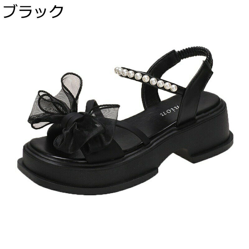 ストラップサンダル レディース ビーサン リボン 可愛い 厚底靴 5cmソールプラットフォーム 粗いかかと 夏靴 春靴 安定感 クッション性高い 身長UP おしゃれ ファッション