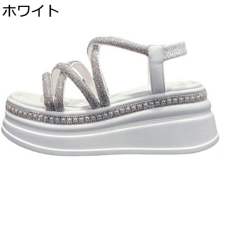 厚底サンダル ラインストーン 細めストラップ サンダル クロスストラップ プラットフォーム クッション性 軽量 歩きやすい 美脚 滑り止め おしゃれ キラキラ 柔軟性 7cm 身長アップ カジュアル