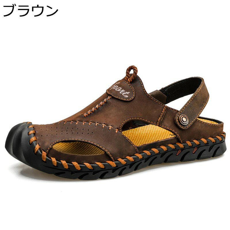 サンダル メンズ レザー スポーツサンダル 2way履き つま先保護 本革 手作り パンチング 大きいサイズ 通気性 ソフト 摩擦に強い 春夏用 アウトドアサンダル バックストラップ ビーチサンダル 紳士用 デイリー