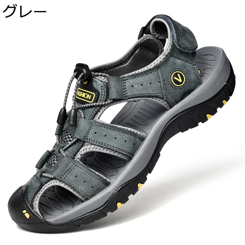 メンズサンダル マジックテープ 29.0cm レザー スポーツサンダル アウトドアサンダル 夏用 つま先あり 大きいサイズ 厚底サンダル 透かし彫り ウォーキングサンダル 通気 滑りにくい ストラップ ビーサン 水遊び