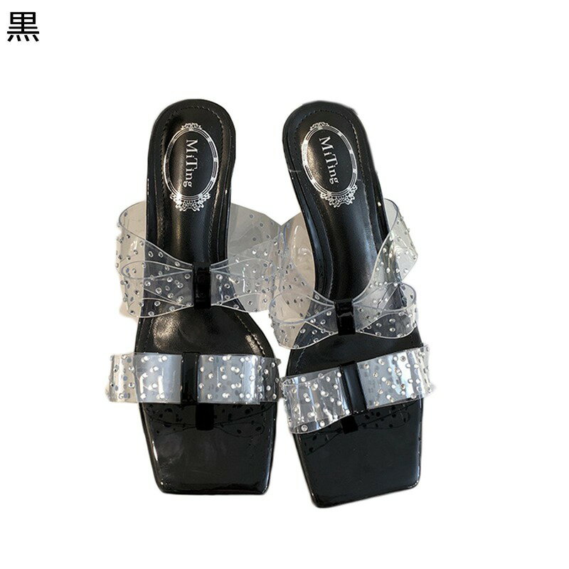 ミュールサンダル スリッパ 透明 レディース 蝶結び リボン クリア ラインストーン付き スクエアトゥ サボ ウェッジソール 6cm ハイヒール 身長アップ 外出スリッパ 通気性 簡潔 きれいめ 夏