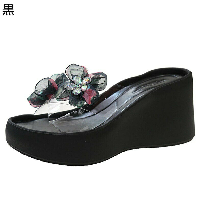 ウェッジミュール サンダル 花飾り レディース ラインストーン 透明 クリア スリッパ サボ ハイヒール ..