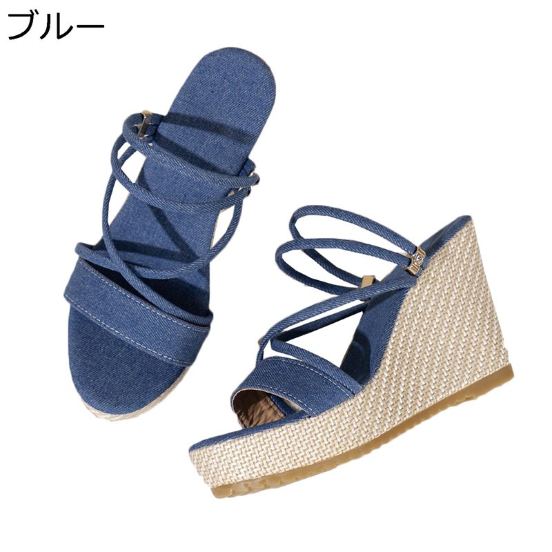 ウェッジミュール 2way クロスストラップ サンダル レディース キャッバス 草編み スリッパ サボ 10cm ストラップ ハイヒール ウェッジソール 厚底靴 身長アップ かわいい 普段使い 夏
