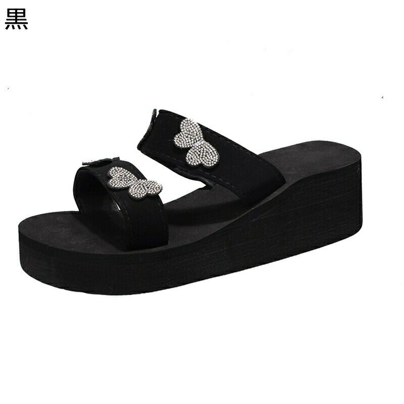 ミュール ウェッジサンダル レディース グリッター スパンコール キラキラ 蝶 6.5cm ハイヒール サンダル ウェッジヒール 防水台 身長アップ かわいい オシャレ 女性用 夏 大きいサイズ(3.0)