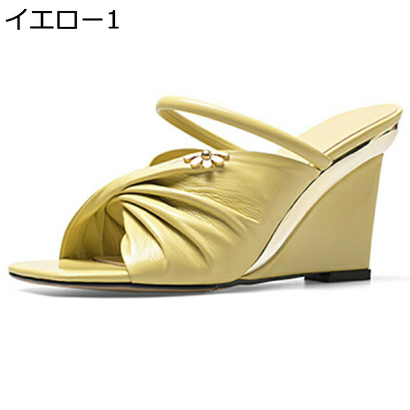 ウェッジミュール 本革 レザー 花 金属 蝶結び リボン サンダル レディース スクエアトゥ オープントウ スリッパ サボ 外履き ハイヒール ウェッジソール 身長アップ 森ガール 姫系 女性用 夏靴