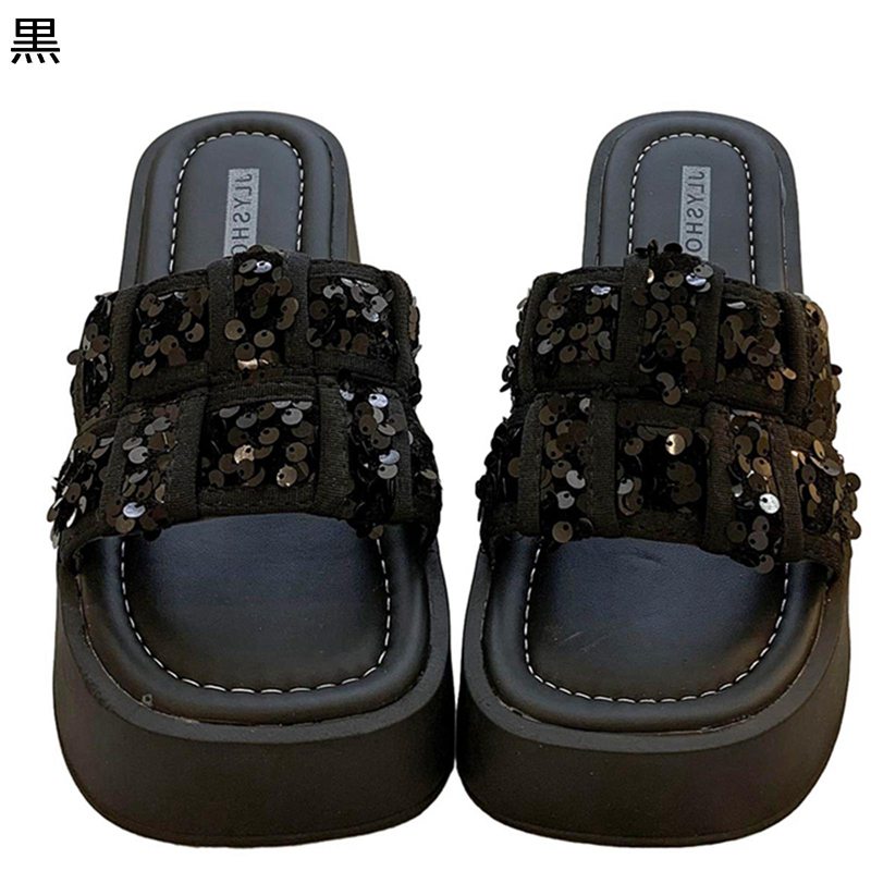 ミュール ウェッジサンダル レディース グリッター スパンコール ハイヒール スクエアトゥ サンダル 外..