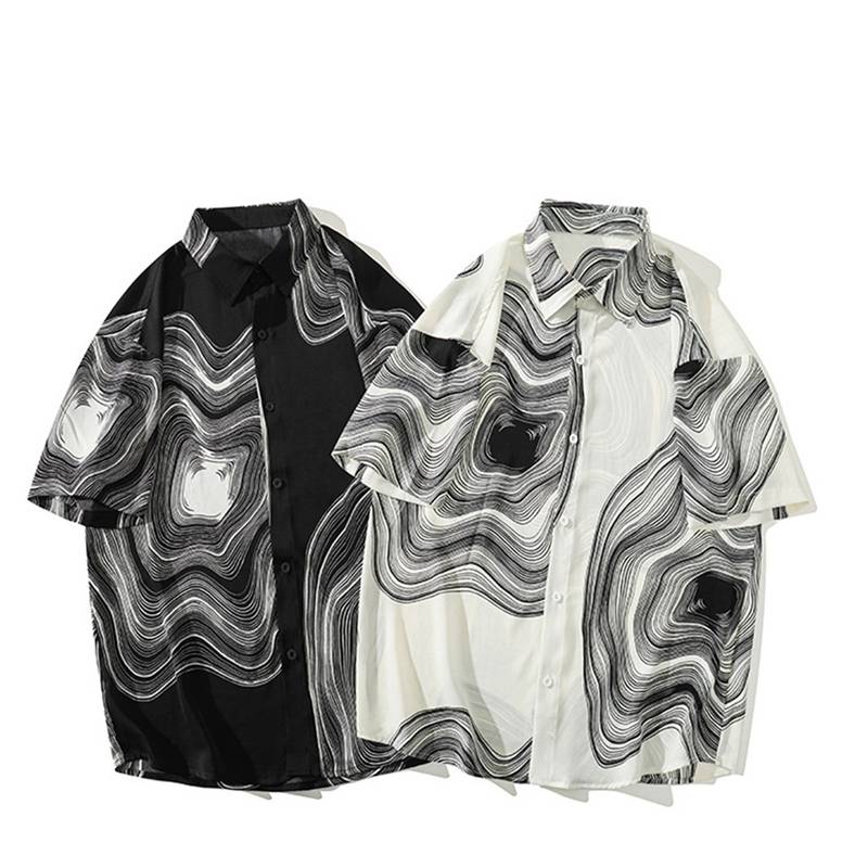 アロハシャツ メンズ ハワイアンシャツ 大理石柄 ブラック ホワイト M-5XL トップス 夏着 アウター カジュアル 体型カバー 着回し力 ファッション 軽量 通気性 速乾 汗染み防止 通勤 学生 大きいサイズ