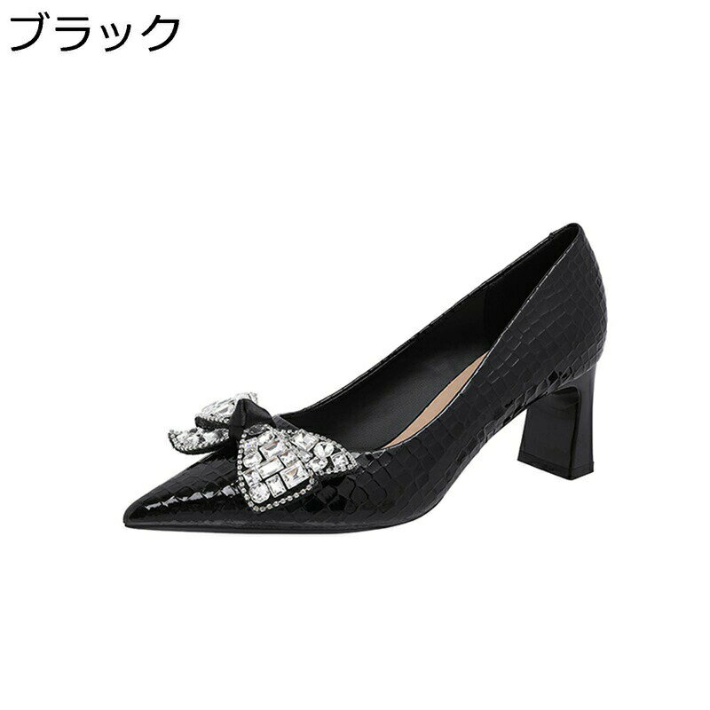 ハイヒールパンプス レディース リボンパンプス 可愛い 蝶結び エナメル ヘビ柄 美脚 ポインテッドトゥ 6cm太ヒール 素足 通気性 カジュアル キャバ嬢 OL 女性 冠婚葬祭