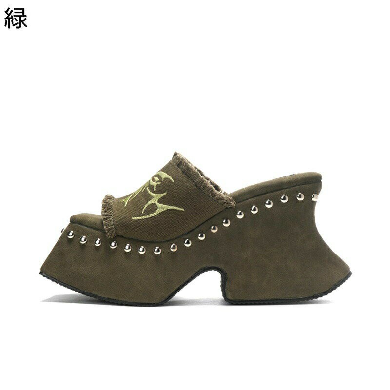 ウェッジミュール 10cm 蝶 刺? ダメージ加工 スタッズ スクエアトゥ レディース 渋谷系 原宿風 サンダル パンク系 B系 スリッパ サボ 外履き 厚底 身長アップ シンプル 美脚 シンプル 夏靴