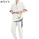 上下セット 唐装 漢服 チャイナ服 メンズ tシャツ 半袖 鶴柄 プリント Vネック チャイナ風 ファッション カジュアル 大きいサイズ 薄い 軽い クール 爽...